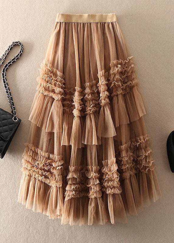 Beautiful Khaki Asymmetrical Design Tulle Tiered Fall Skirt