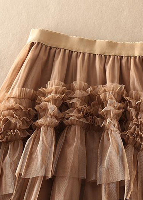 Beautiful Khaki Asymmetrical Design Tulle Tiered Fall Skirt