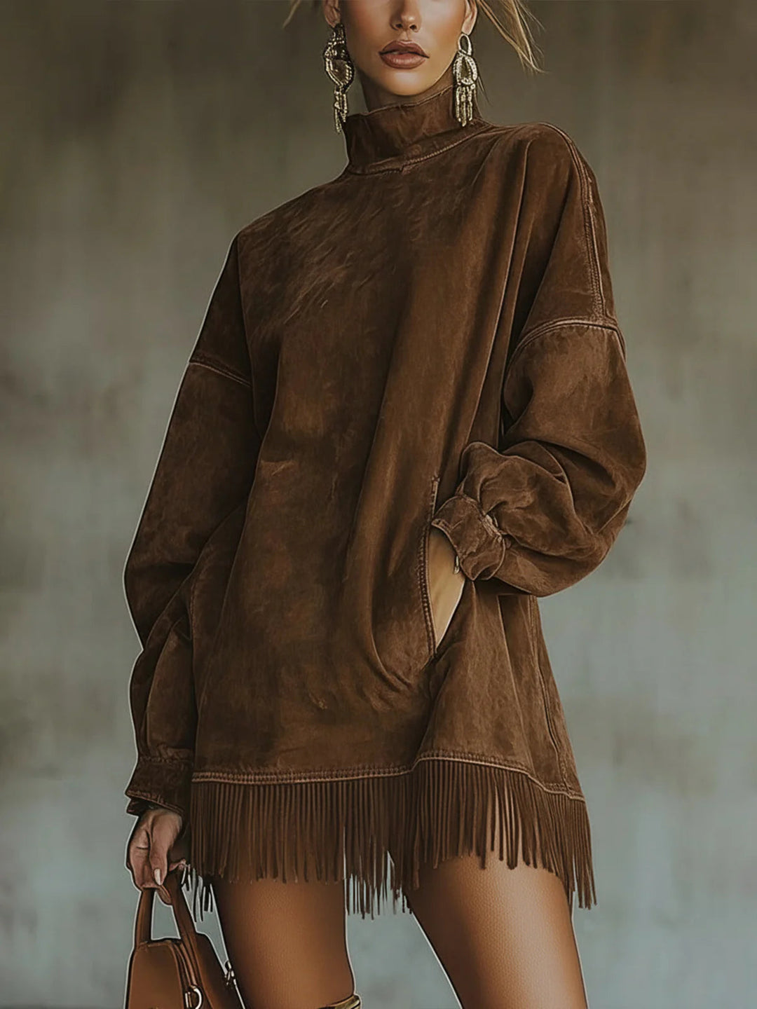 Mara | Women's Relaxed Turtleneck Mini Cozy Fringe Dress