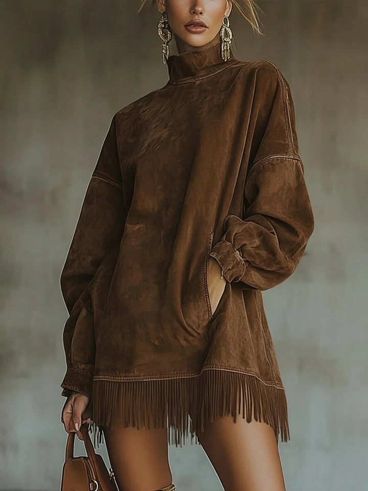 Mara | Women's Relaxed Turtleneck Mini Cozy Fringe Dress