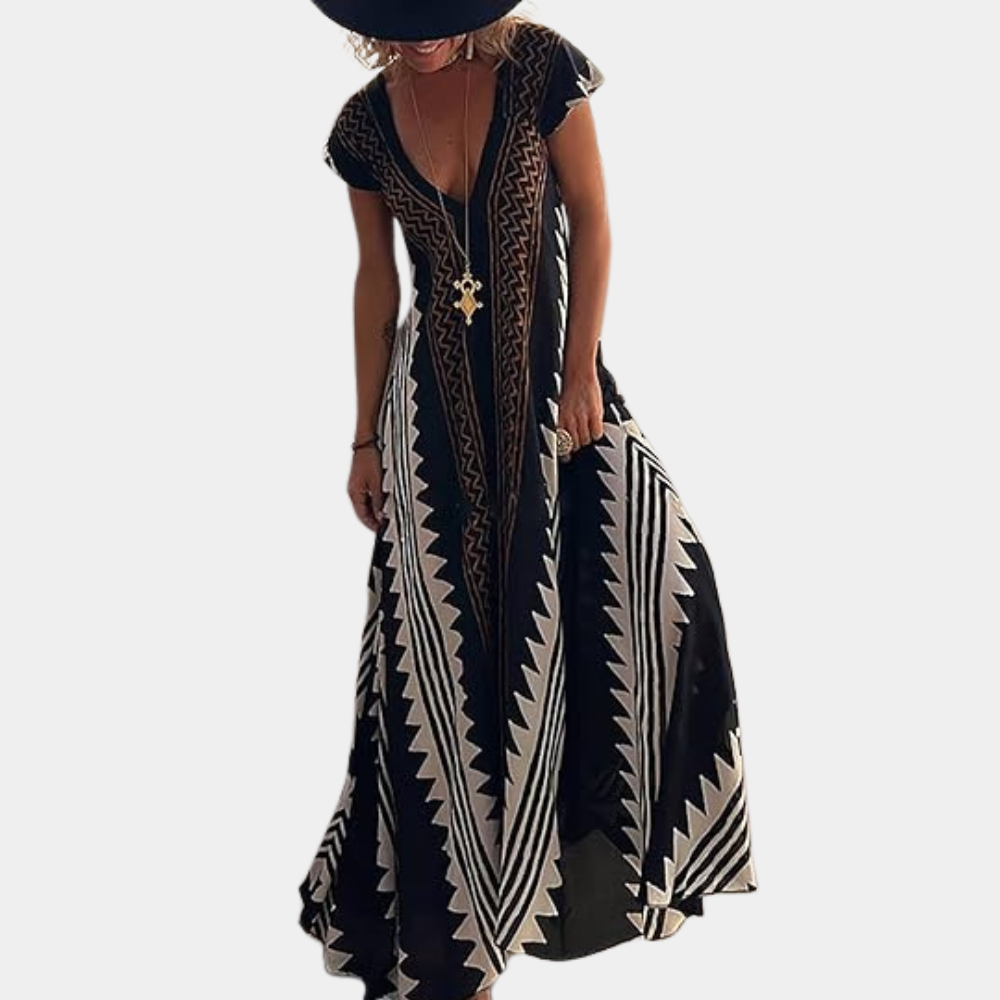 Adelina | Women's V-Neck Maxi Dress with Short Sleeves
