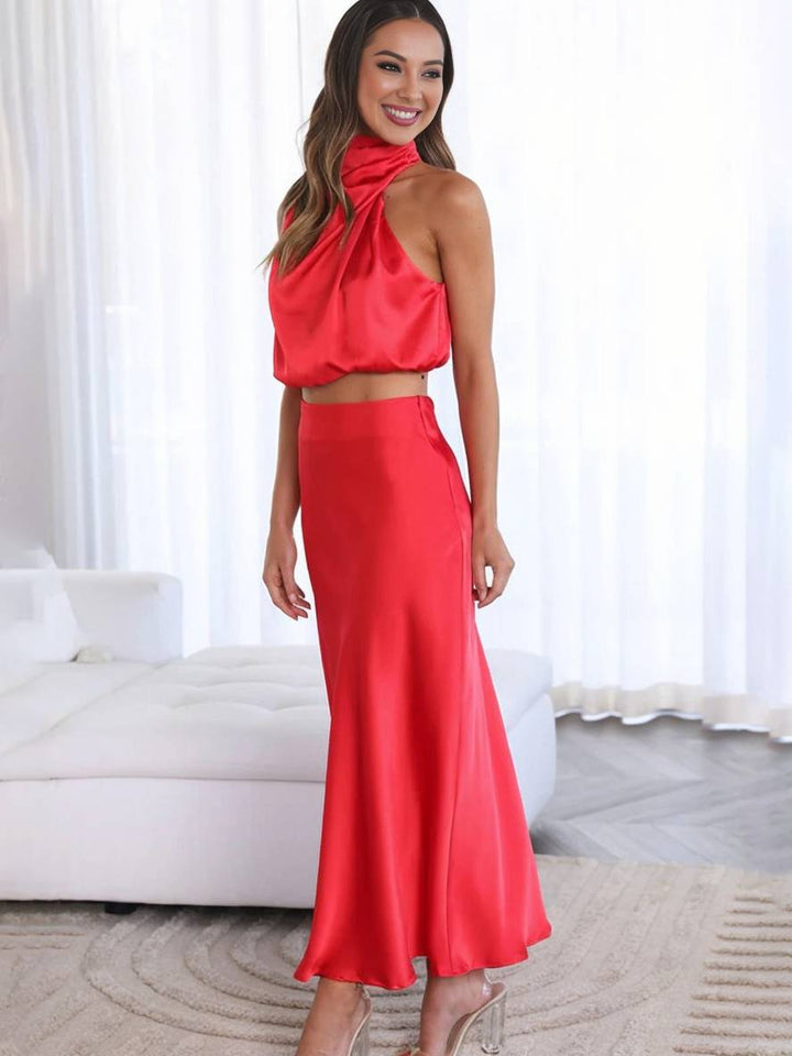 Women's Halter Neck Two-Piece Set with Maxi Skirt