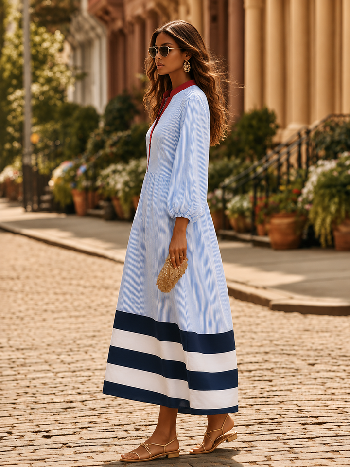 Women's Stand Collar Long Sleeve Striped Midi Dress with Buttons