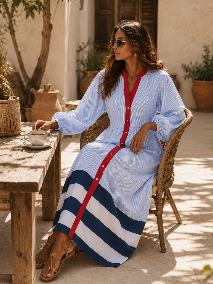 Women's Stand Collar Long Sleeve Striped Midi Dress with Buttons