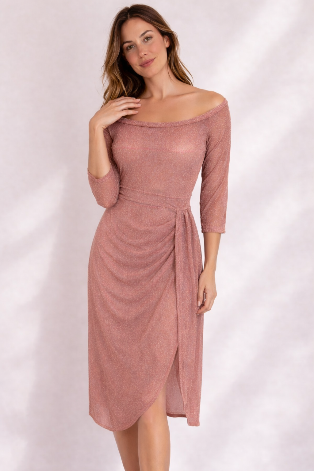 Women's Off-Shoulder Wrap Dress with 3/4 Sleeves