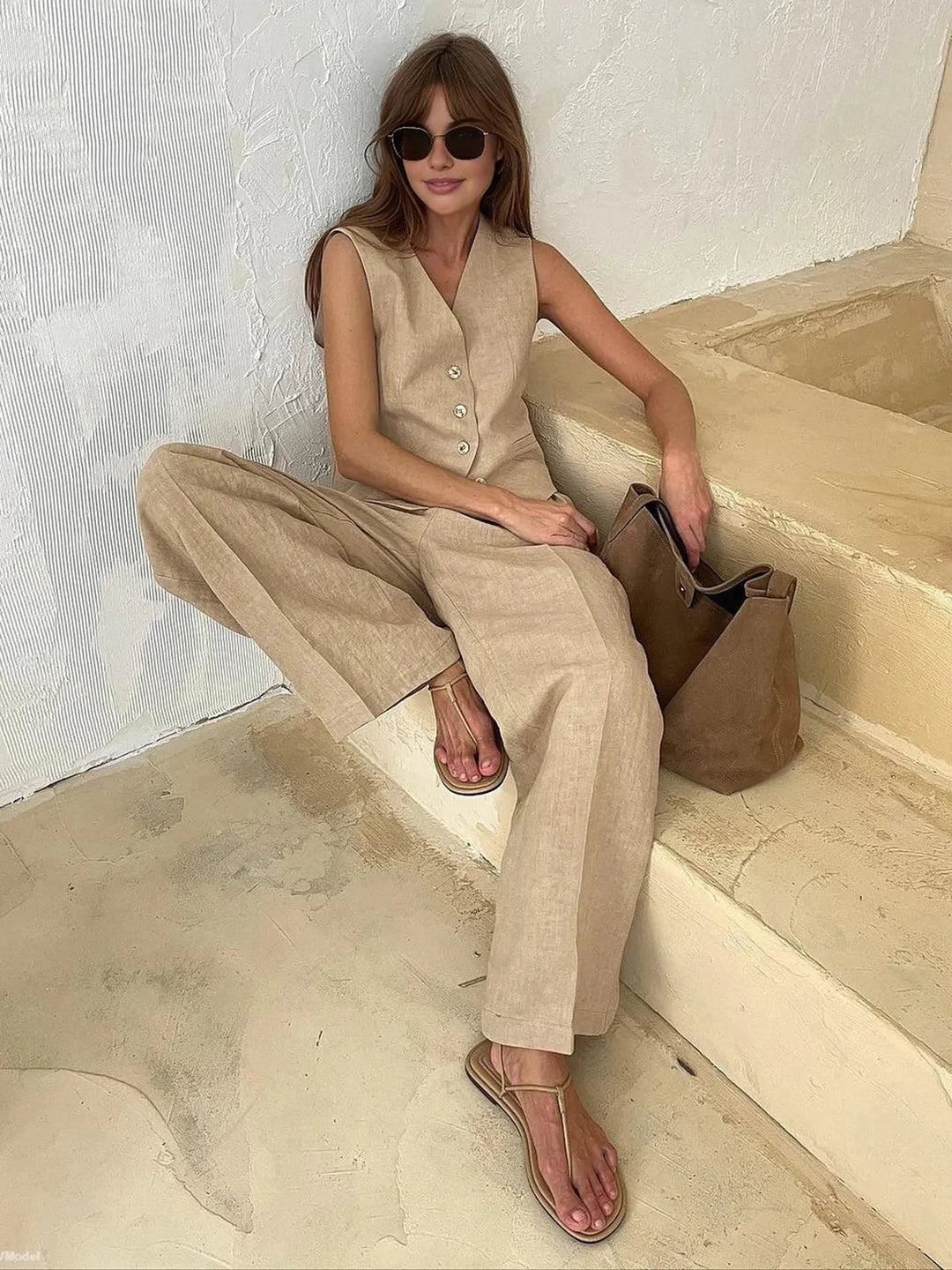 Women's Wide-Leg Set with Buttons and Pockets