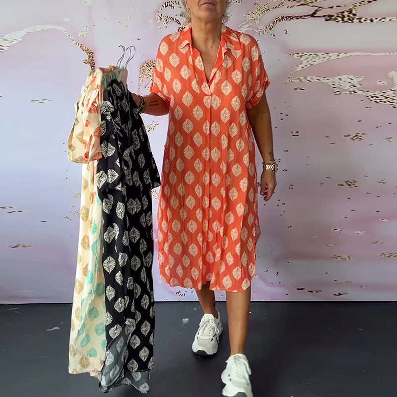 Dinie | Women's Short Sleeve V-Neck Maxi Loose Spring Dress with Side Slit
