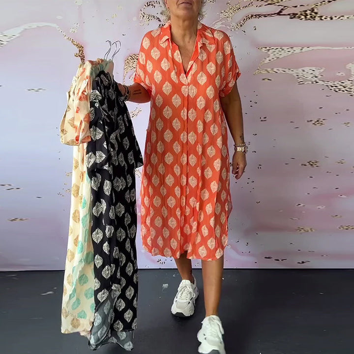 Dinie | Women's Short Sleeve V-Neck Maxi Loose Spring Dress with Side Slit
