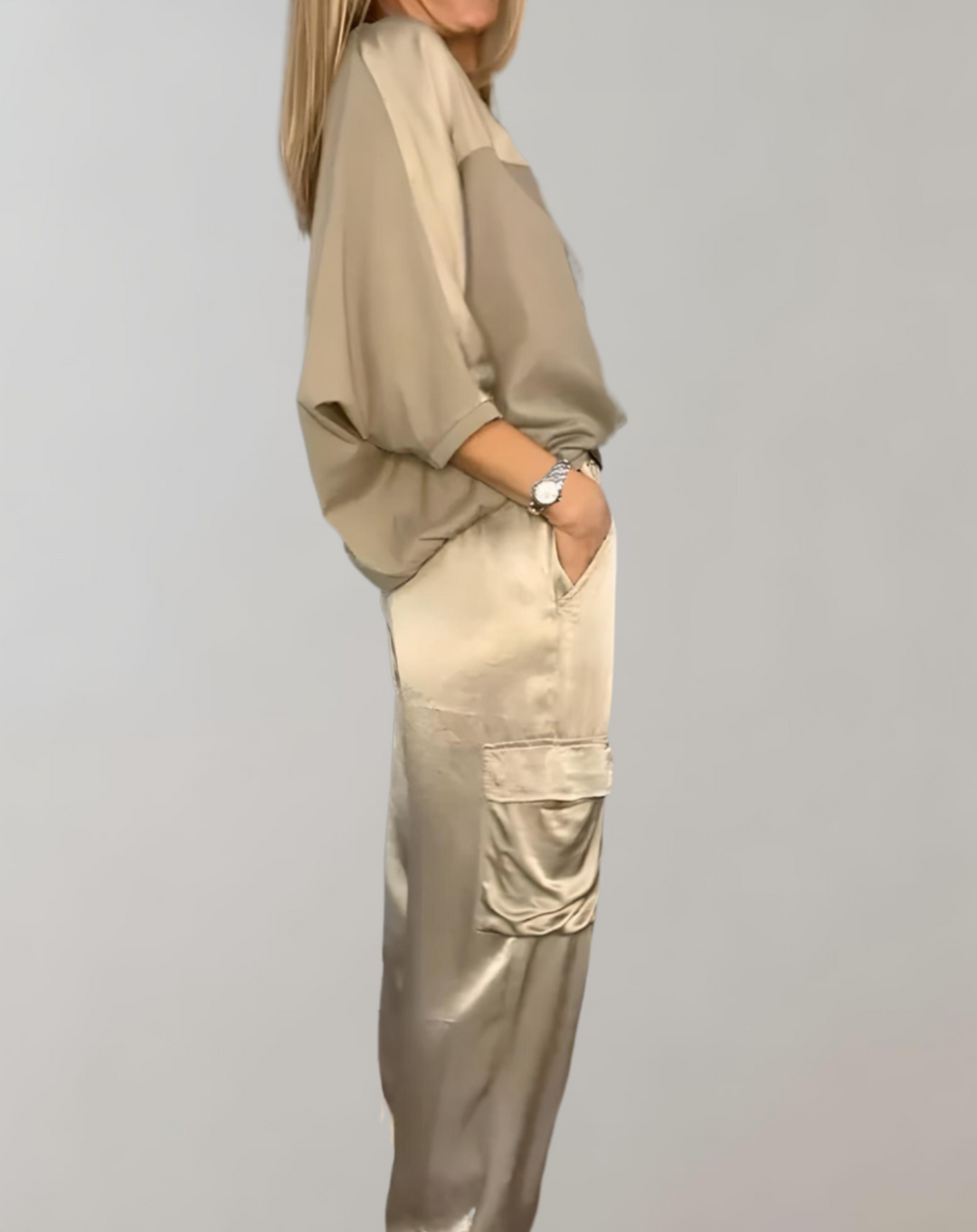 Miriam | Women's Relaxed Silky Cargo Lounge Set with Pockets