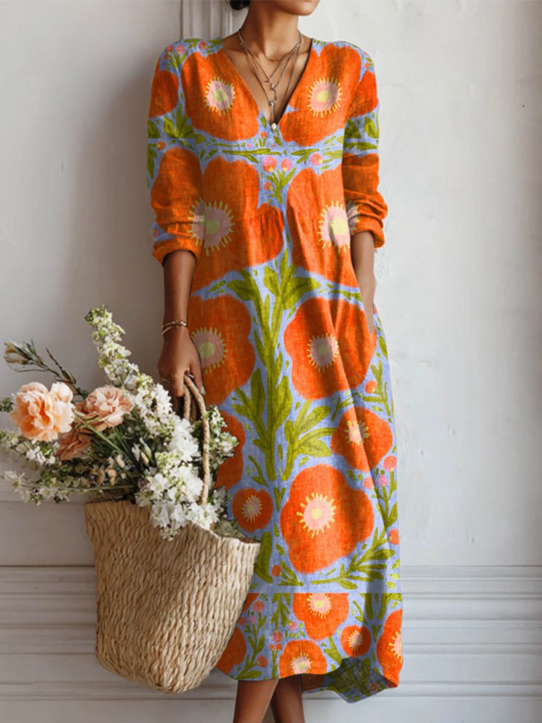Vintage Floral Pocket Dress for Women - Artistic Print Design