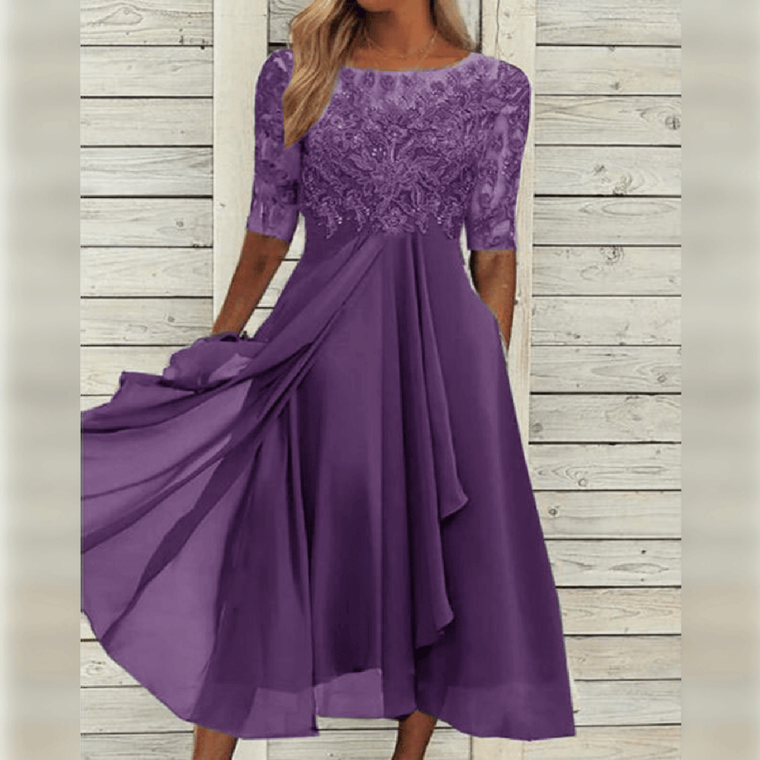 Women's Round Neck Lace Midi Dress with Pockets