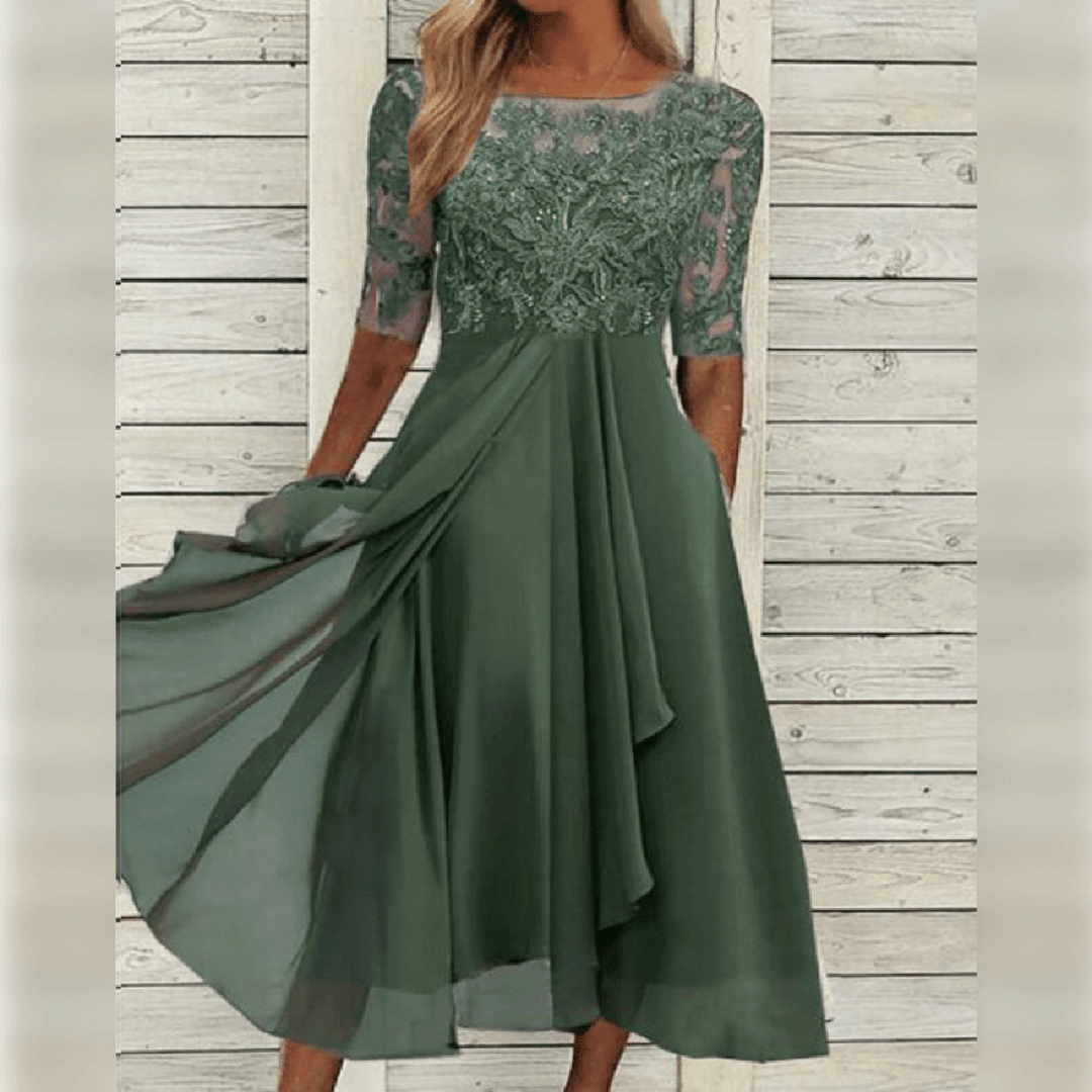 Women's Round Neck Lace Midi Dress with Pockets