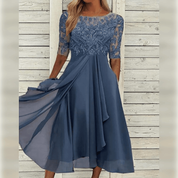 Women's Round Neck Lace Midi Dress with Pockets