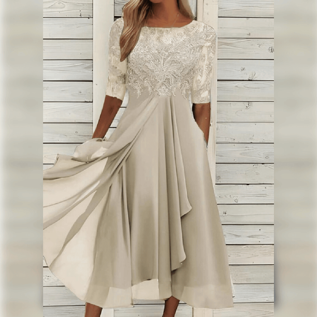 Women's Round Neck Lace Midi Dress with Pockets