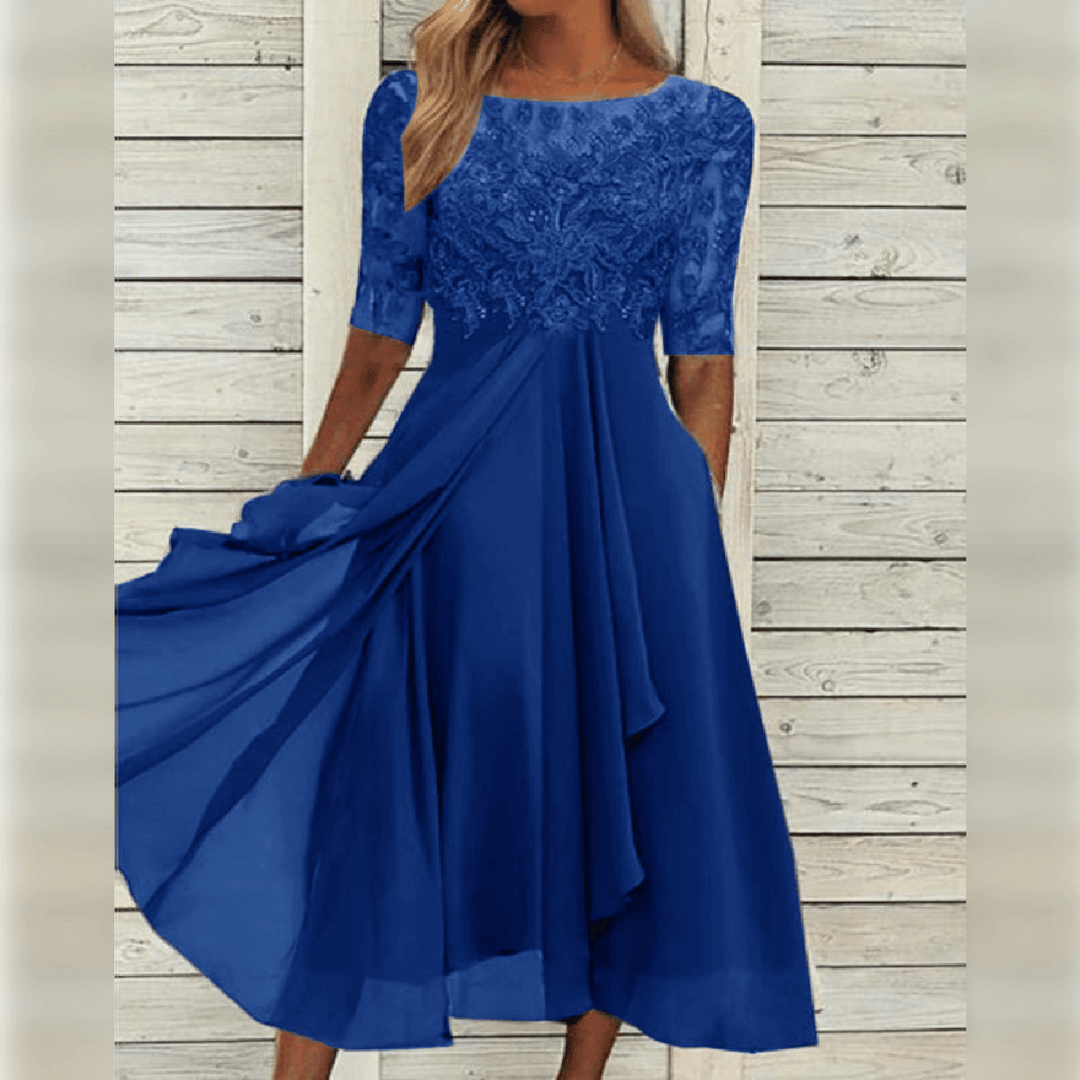 Women's Round Neck Lace Midi Dress with Pockets