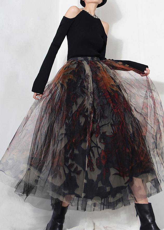Fine Black Print Lace A-Line Tulle Skirts Summer