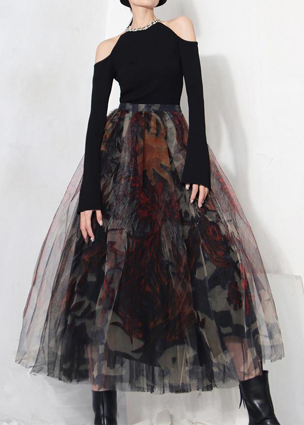 Fine Black Print Lace A-Line Tulle Skirts Summer