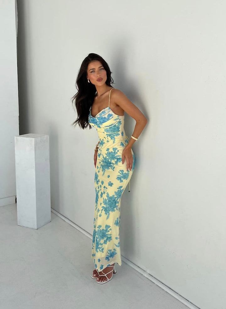 Aisling | Women's Cowl Neck Elegant Sleeveless Floral Maxi Dress