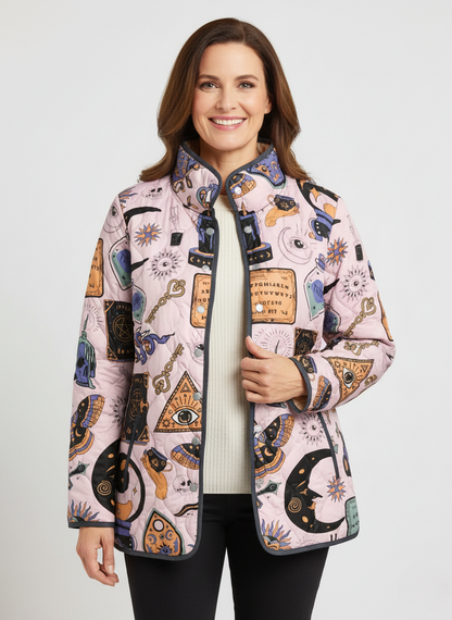 Women's Mystic Symbols Print Quilted Jacket