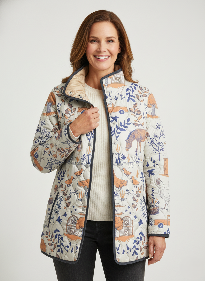 Women's Vintage Farmyard Print Quilted Jacket