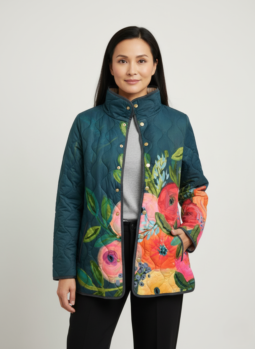 Women's Navy Floral Bloom Quilted Jacket
