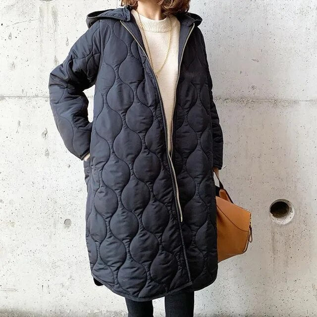 Women's Longline Padded Parka with Hood and Pockets