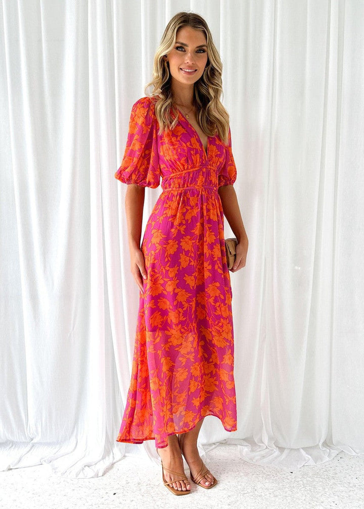 Katy | Women's V-Neck Elegant Puff Sleeved Floral Midi Dress