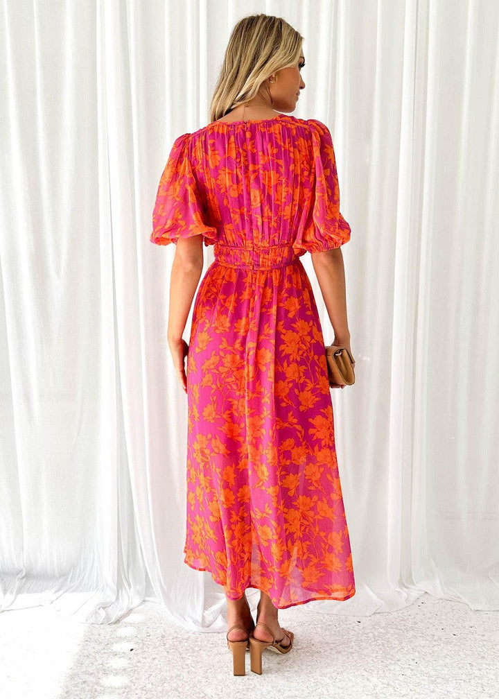 Katy | Women's V-Neck Elegant Puff Sleeved Floral Midi Dress