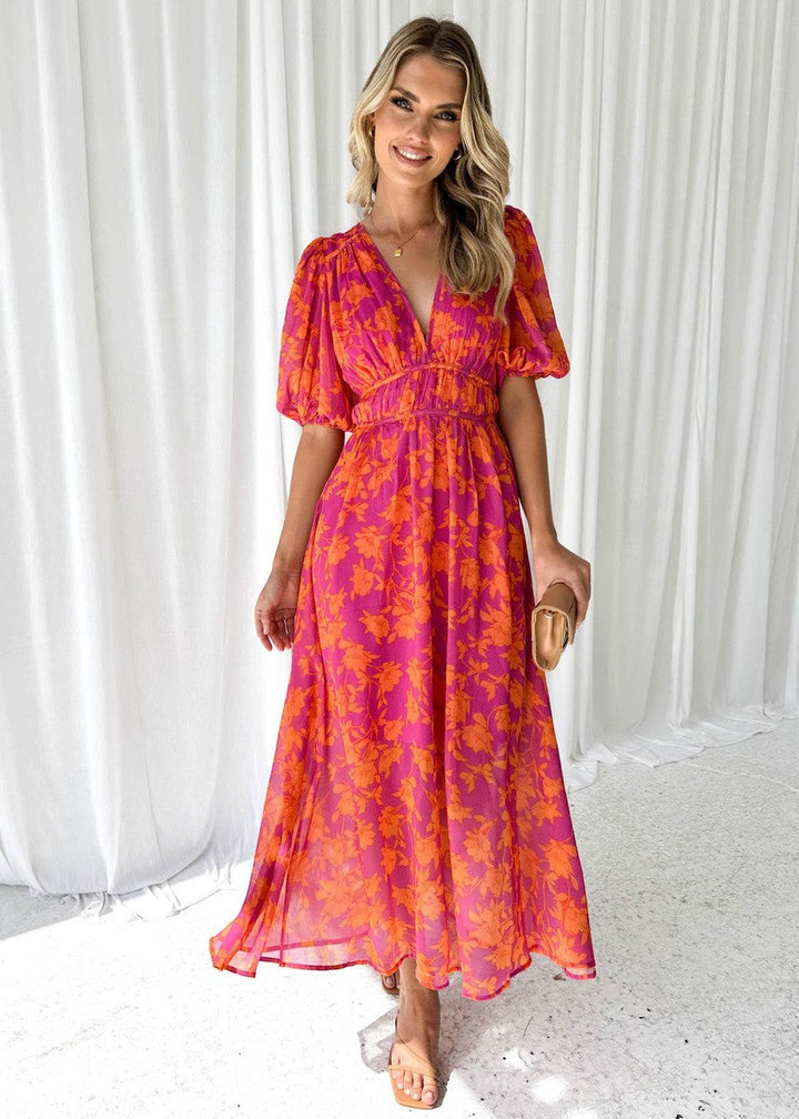 Katy | Women's V-Neck Elegant Puff Sleeved Floral Midi Dress