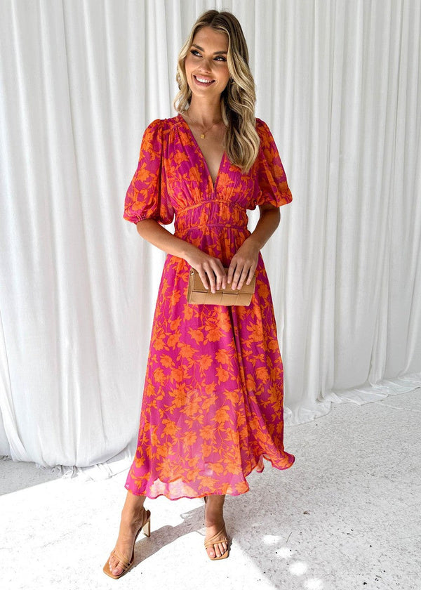 Katy™ - Elegant Puff Sleeved Floral Midi Dress
