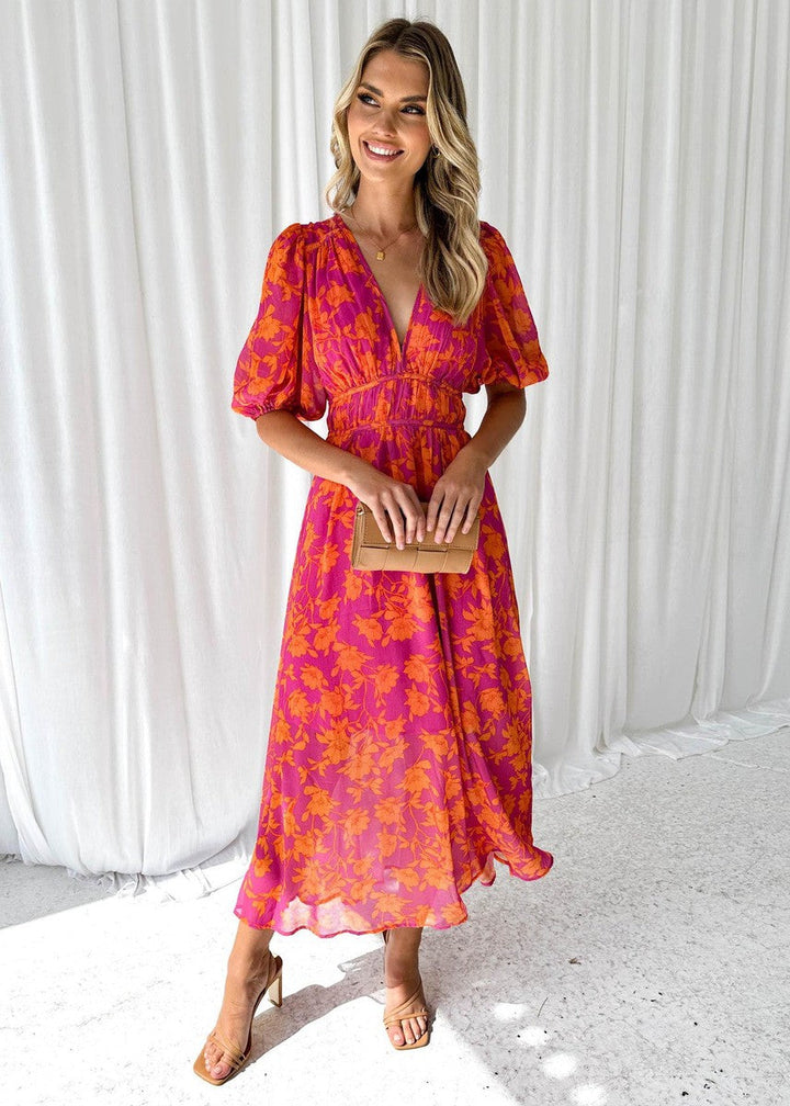 Katy | Women's V-Neck Elegant Puff Sleeved Floral Midi Dress