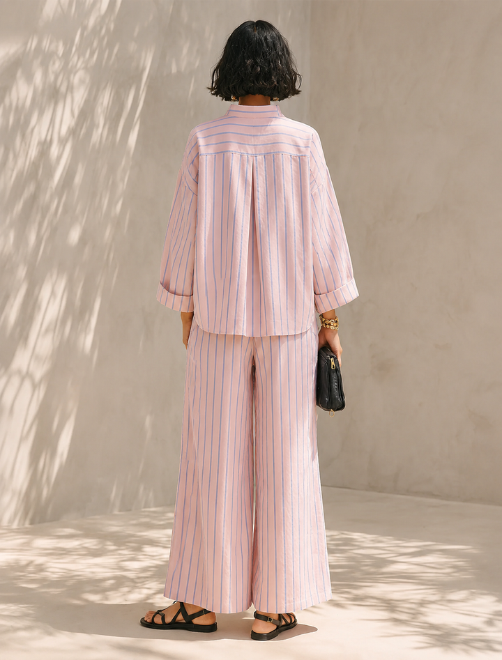 Women's Striped Long Sleeve Top & Wide-Leg Pants Set with Pockets