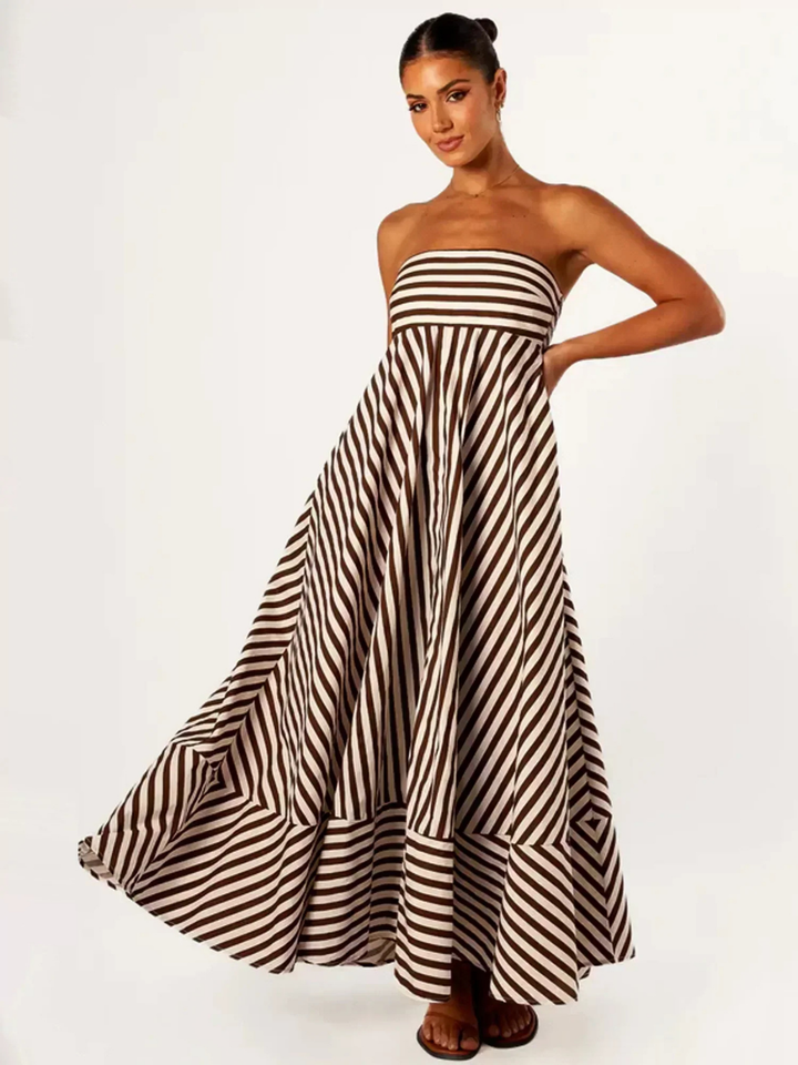 Margaux | Women's Striped Maxi Dress with Structured Strapless Bodice