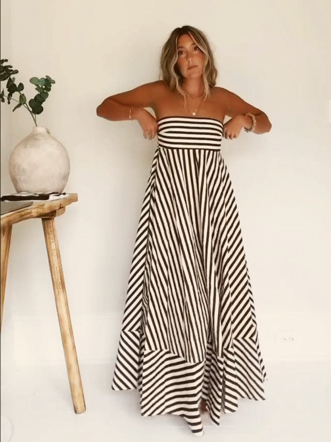 Margaux | Women's Striped Maxi Dress with Structured Strapless Bodice