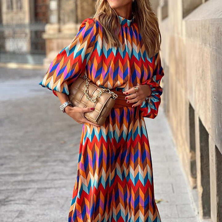 Kaia | Women's Balloon Sleeve High Neck Geometric Prints Long Party Dress
