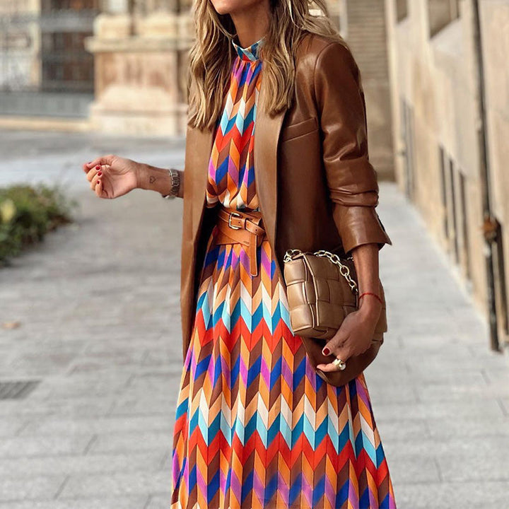 Kaia | Women's Balloon Sleeve High Neck Geometric Prints Long Party Dress