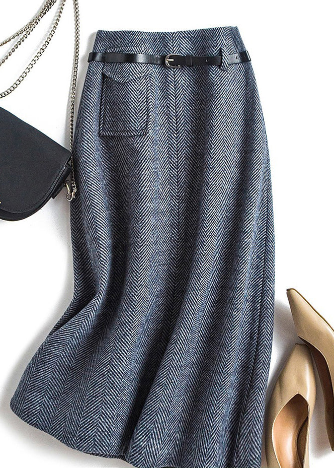 Natural Dark Grey High Waist Woolen A-Line Skirts Spring