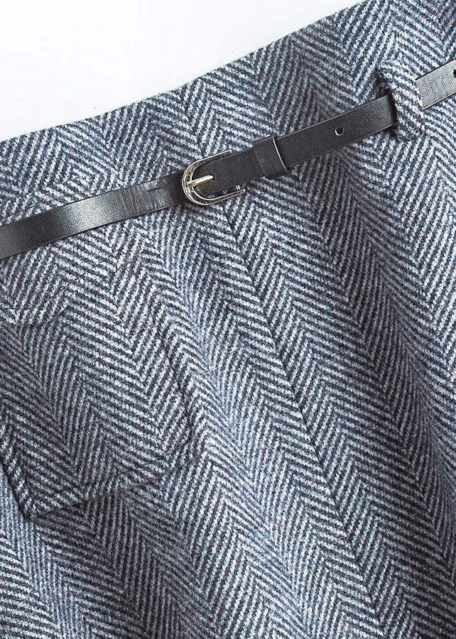 Natural Dark Grey High Waist Woolen A-Line Skirts Spring