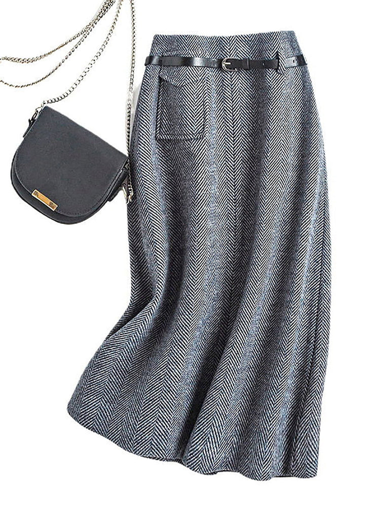 Natural Dark Grey High Waist Woolen A-Line Skirts Spring