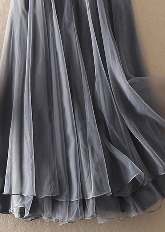 Natural Grey High Waist Patchwork Tulle Skirts Spring