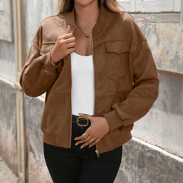 Women's Oversized Long Sleeve Bomber Jacket with Chest Pockets