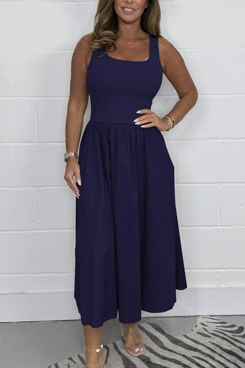 Stylish Sleeveless A-Line Dress with Square Neck Design