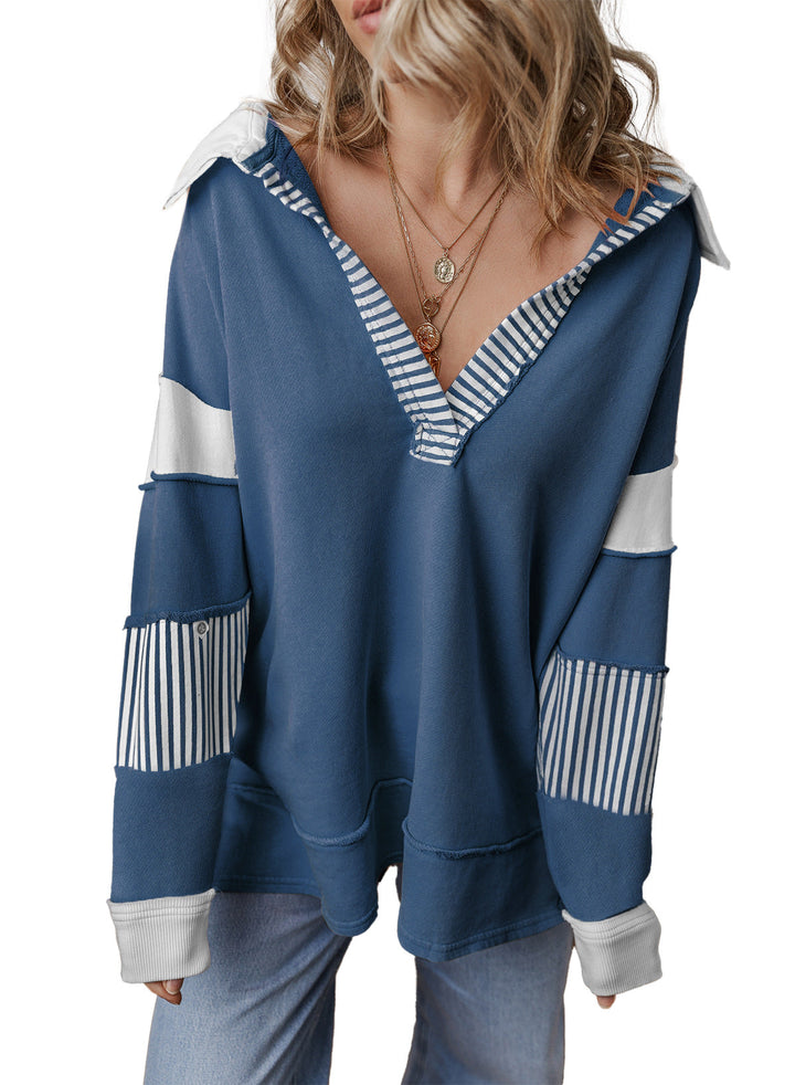 Women's Oversized V-Neck Striped Sweatshirt