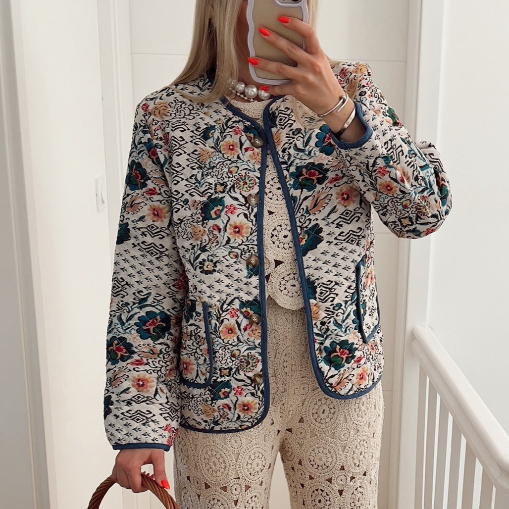 Women's Long Sleeve Round Neck Jacket with Pockets