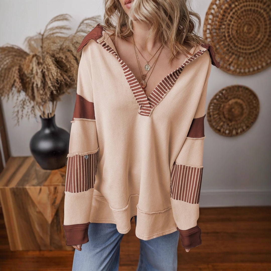 Women's Oversized V-Neck Striped Sweatshirt