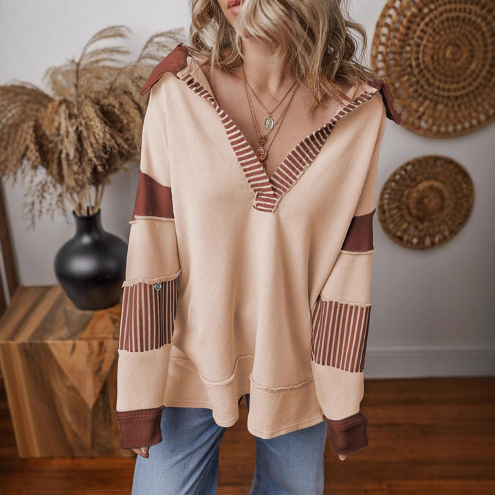 Women's Oversized V-Neck Striped Sweatshirt