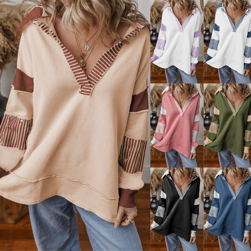Women's Oversized V-Neck Striped Sweatshirt