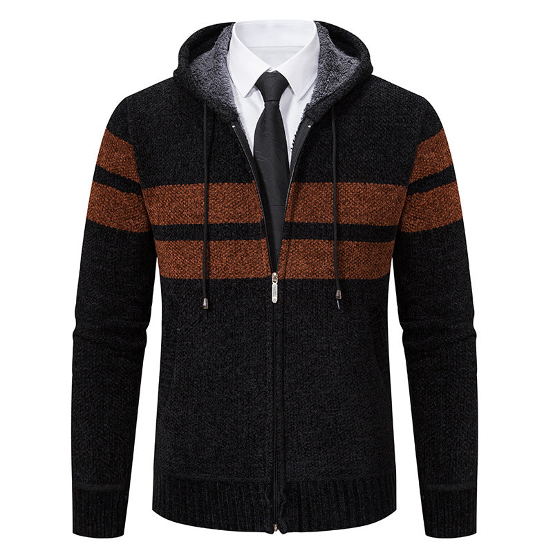 Men's Striped Hooded Jacket with Drawstring and Pockets