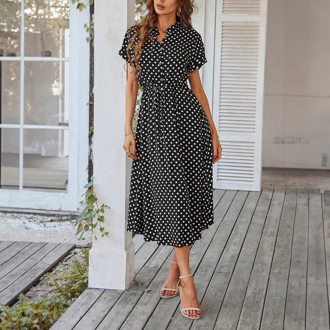 Women's Polka Dot Midi Dress with Buttons and Tie Waist
