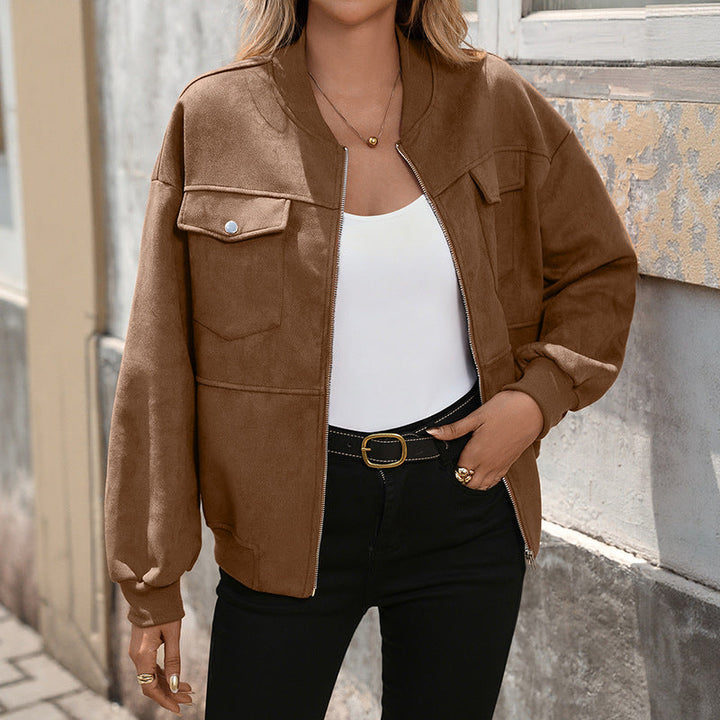 Women's Oversized Long Sleeve Bomber Jacket with Chest Pockets